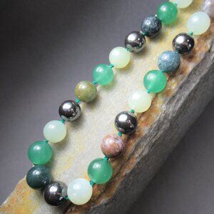 Sea Green Gemstone Necklace, Knotted on Green Silk